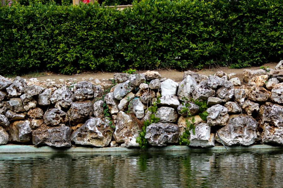 Stone retaining wall beside a pond and green hedge
